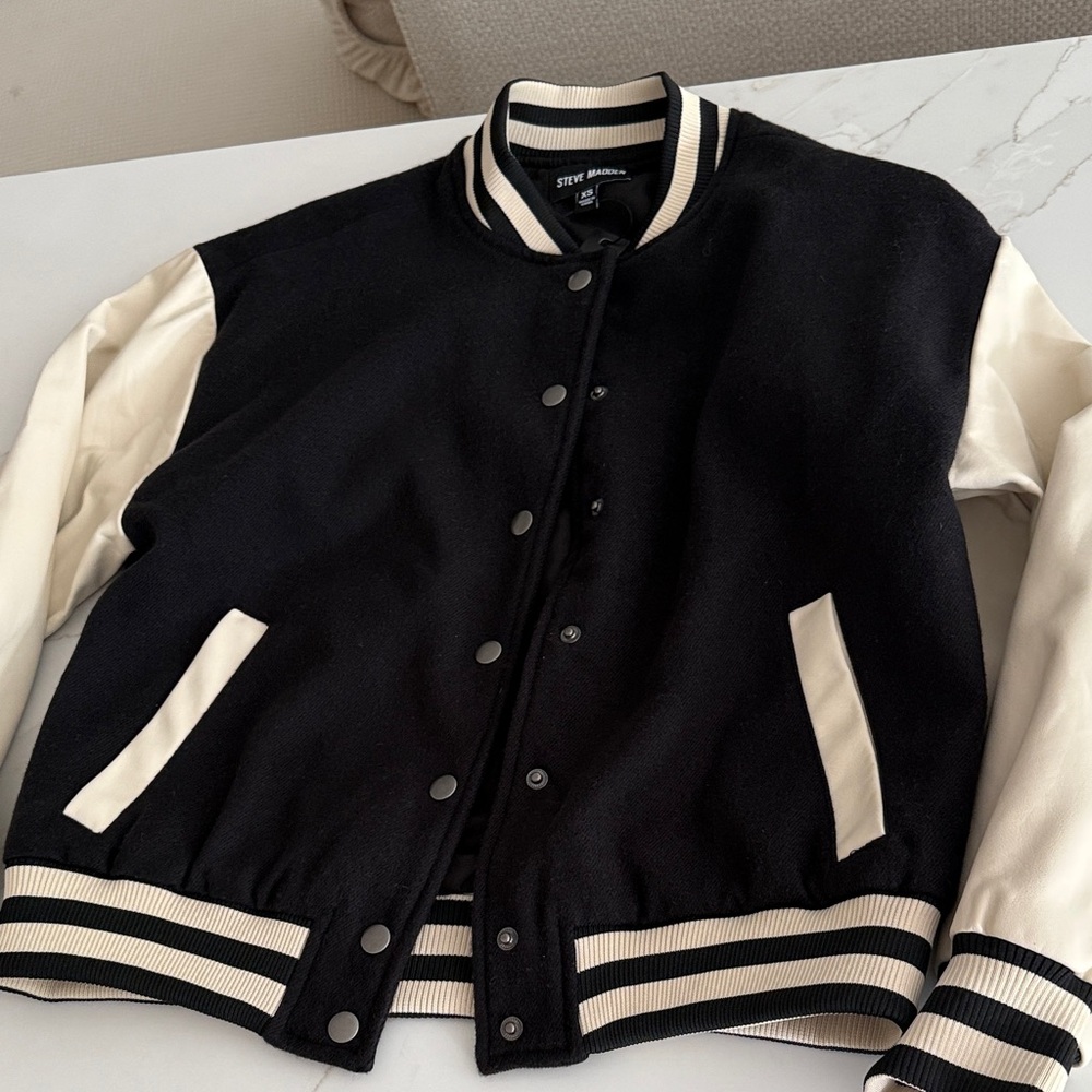 Kids Steve Madden Black and Cream Varsity Jacket